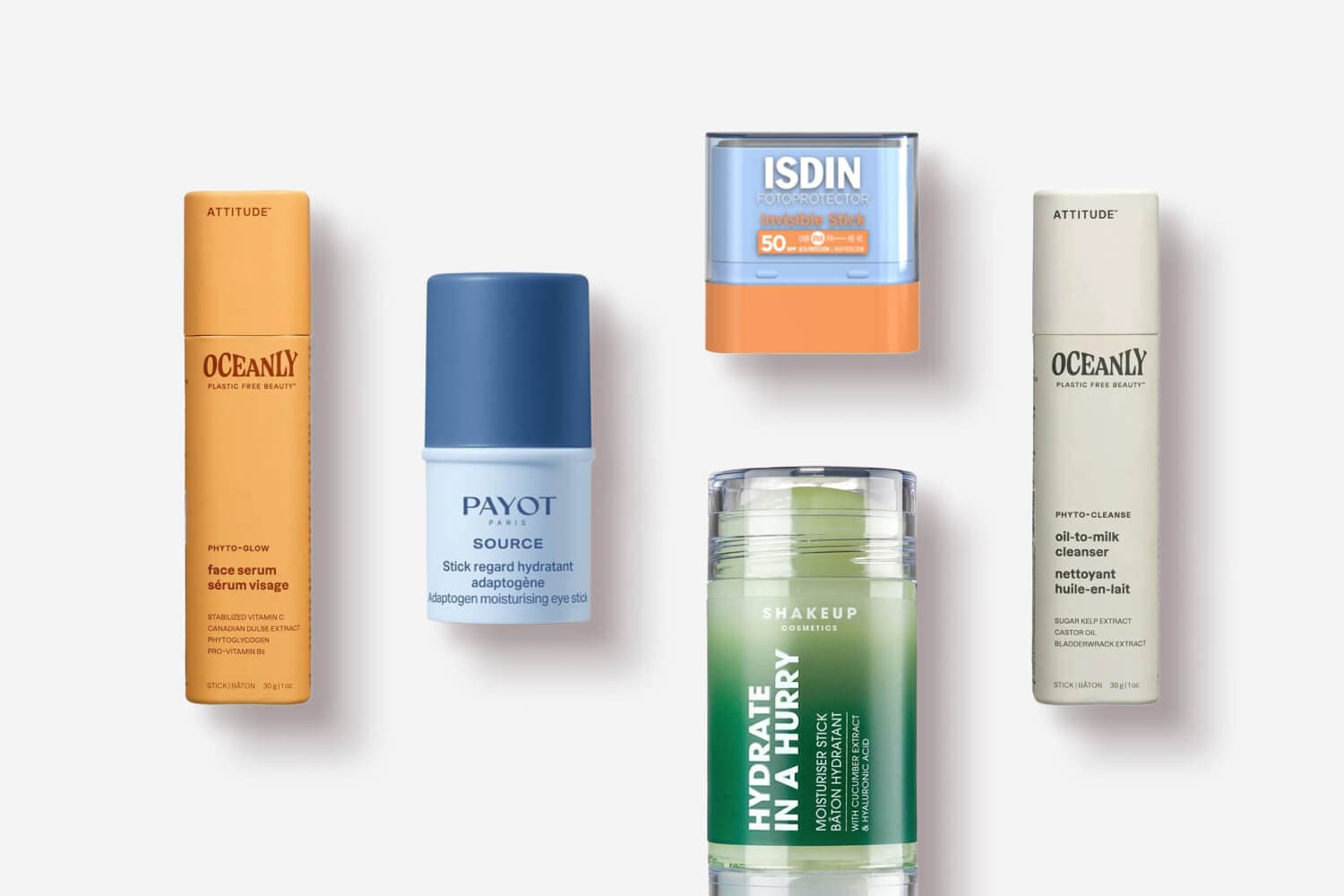 Attitude Oceanly Phyto-Glow serum and Phyto-Cleanse oil-to-milk cleanser, Payot Source eye stick, Isdin Fotoprotector SPF 50, Shakeup Hydrate in a Hurry stick. Attitude Oceanly Phyto-Glow serum and Phyto-Cleanse oil-to-milk cleanser, Payot Source eye stick, Isdin Fotoprotector SPF 50, Shakeup Hydrate in a Hurry stick.