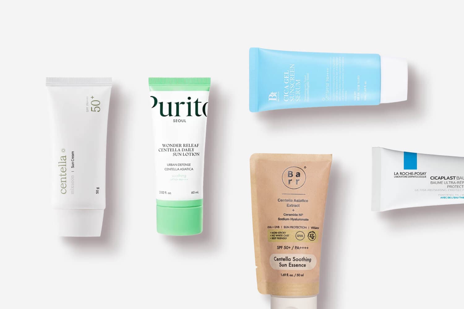 Mixsoon Centella Sun Cream, Purito Wonder Releaf Sun Lotion, Biotón Cica Gel Sunscreen, Barr Centella Soothing Sun Essence, La Roche-Posay Cicaplast Baume Mixsoon Centella Sun Cream, Purito Wonder Releaf Sun Lotion, Biotón Cica Gel Sunscreen, Barr Centella Soothing Sun Essence, La Roche-Posay Cicaplast Baume
