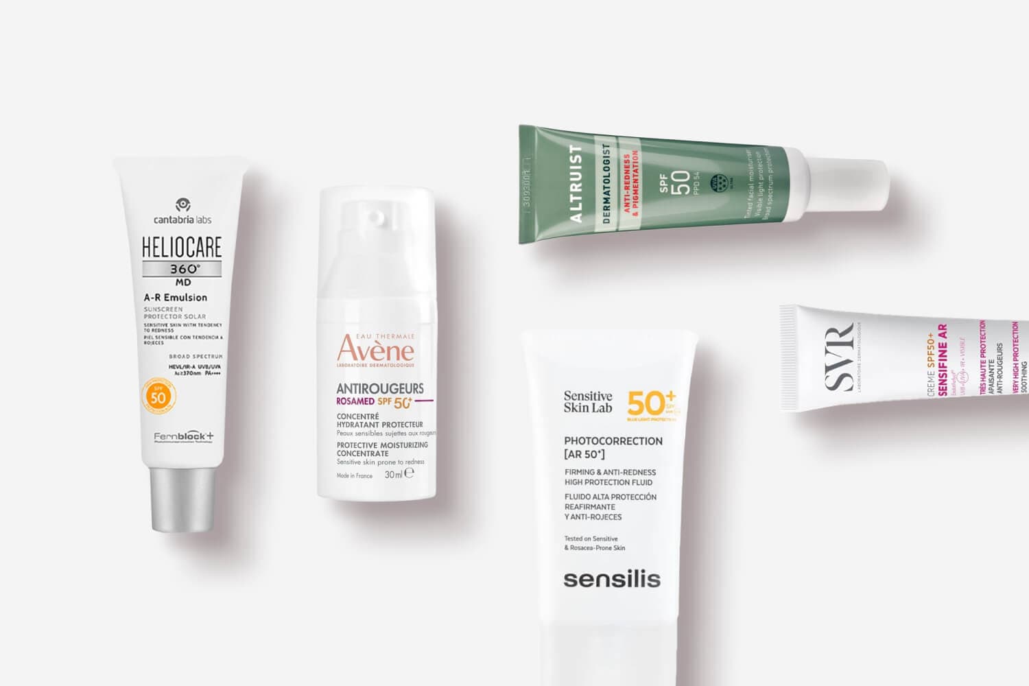 Heliocare 360 MD A-R Emulsion SPF50, Avene Antirougeurs Rosamed SPF50+, Altruist Dermatologist SPF50, Sensilis Photocorrection AR 50+, SVR Sensifine AR SPF50+ Heliocare 360 MD A-R Emulsion SPF50, Avene Antirougeurs Rosamed SPF50+, Altruist Dermatologist SPF50, Sensilis Photocorrection AR 50+, SVR Sensifine AR SPF50+