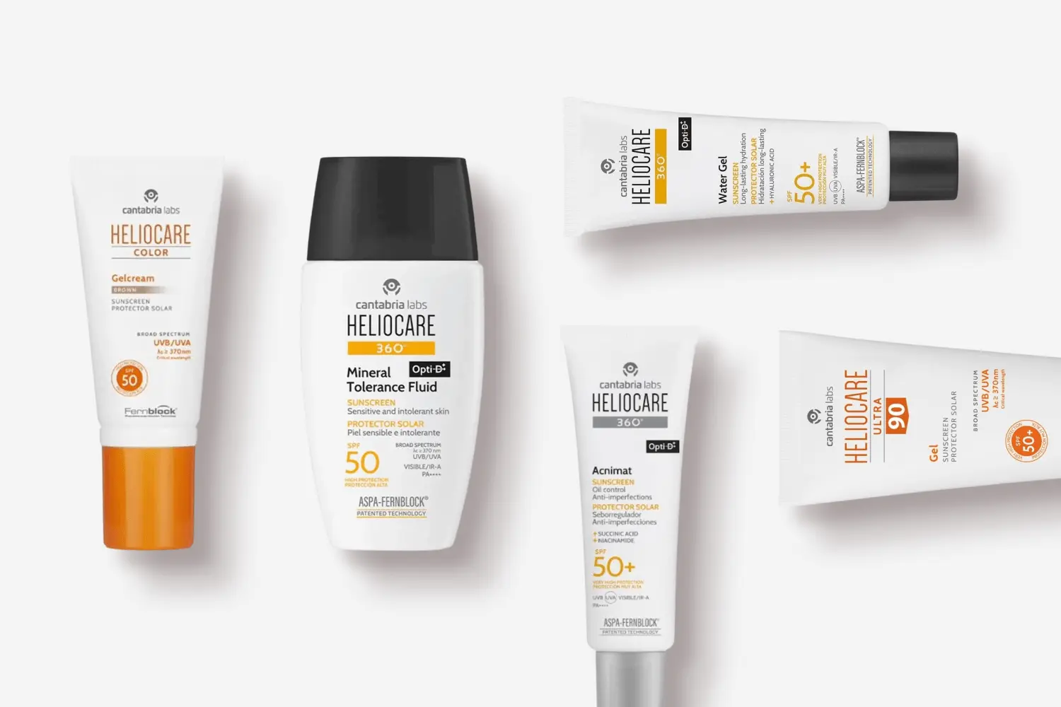 Five Heliocare sunscreens: Color Gelcream Brown SPF 50, 360 Mineral Tolerance Fluid, 360 Water Gel, 360 Acnimat and Ultra 90 Gel. Five Heliocare sunscreens: Color Gelcream Brown SPF 50, 360 Mineral Tolerance Fluid, 360 Water Gel, 360 Acnimat and Ultra 90 Gel.