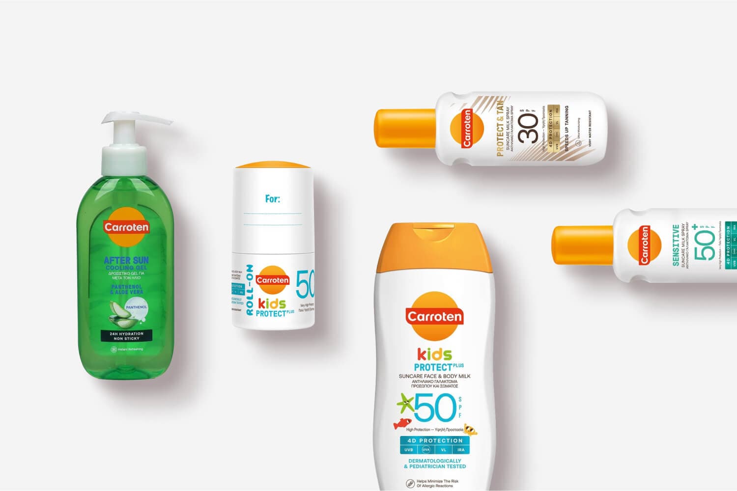 Carroten After Sun Cooling Gel, Kids Protect Plus SPF 50 roll-on and milk, Protect & Tan SPF 30 and Sensitive SPF 50+ sprays Carroten After Sun Cooling Gel, Kids Protect Plus SPF 50 roll-on and milk, Protect & Tan SPF 30 and Sensitive SPF 50+ sprays