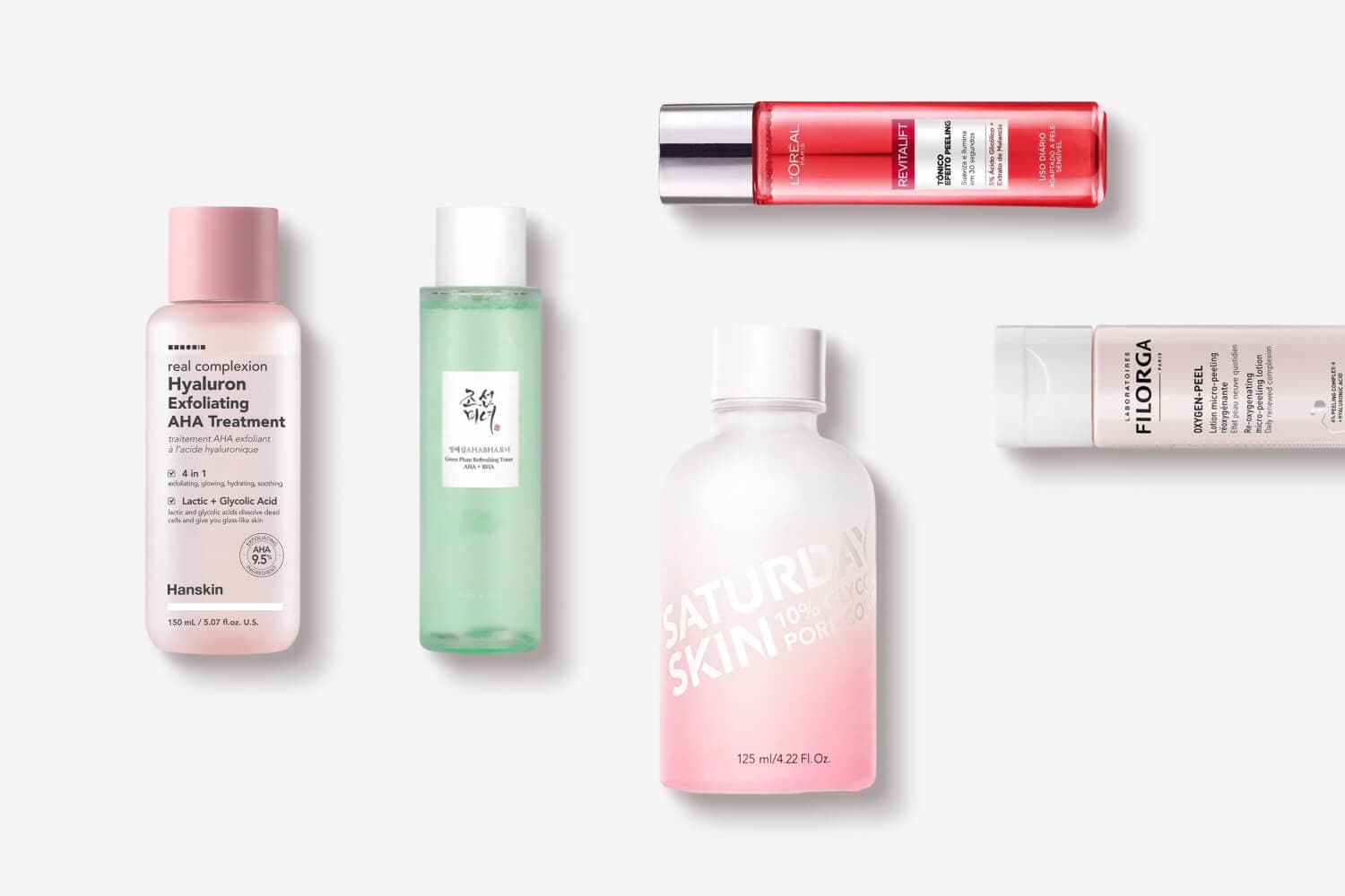 Hanskin Hyaluron Exfoliating AHA Treatment, Beauty of Joseon Green Plum Toner, Saturday Skin 10% Glycolic, L'Oréal Revitalift tonic and Filorga Oxygen-Peel. Hanskin Hyaluron Exfoliating AHA Treatment, Beauty of Joseon Green Plum Toner, Saturday Skin 10% Glycolic, L'Oréal Revitalift tonic and Filorga Oxygen-Peel.