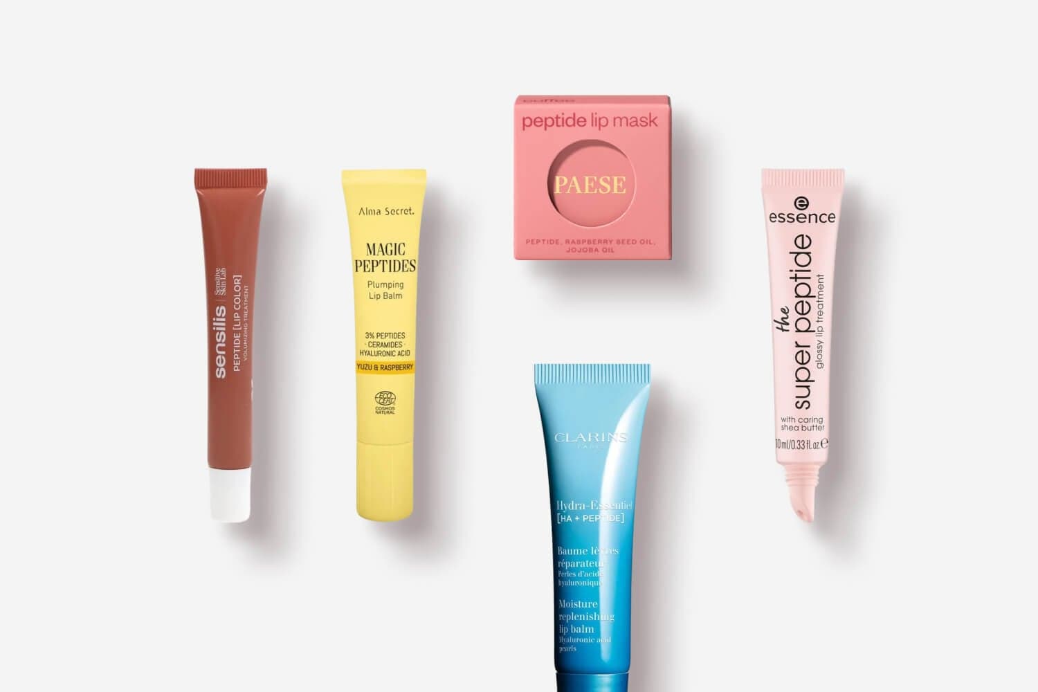 Sensilis Peptide Lip Color, Alma Secret Magic Peptides balm, Paese Peptide Lip Mask, Clarins Hydra-Essentiel and essence The Super Peptide Sensilis Peptide Lip Color, Alma Secret Magic Peptides balm, Paese Peptide Lip Mask, Clarins Hydra-Essentiel and essence The Super Peptide