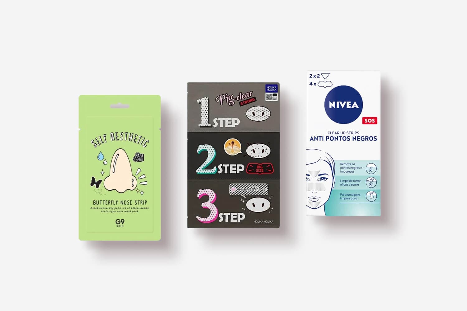 G9 Skin Self Aesthetic Butterfly Nose Strip, Holika Holika Pig-clear 3 Step Strong kit and Nivea SOS Clear Up Strips Anti Pontos Negros side by side. G9 Skin Self Aesthetic Butterfly Nose Strip, Holika Holika Pig-clear 3 Step Strong kit and Nivea SOS Clear Up Strips Anti Pontos Negros side by side.