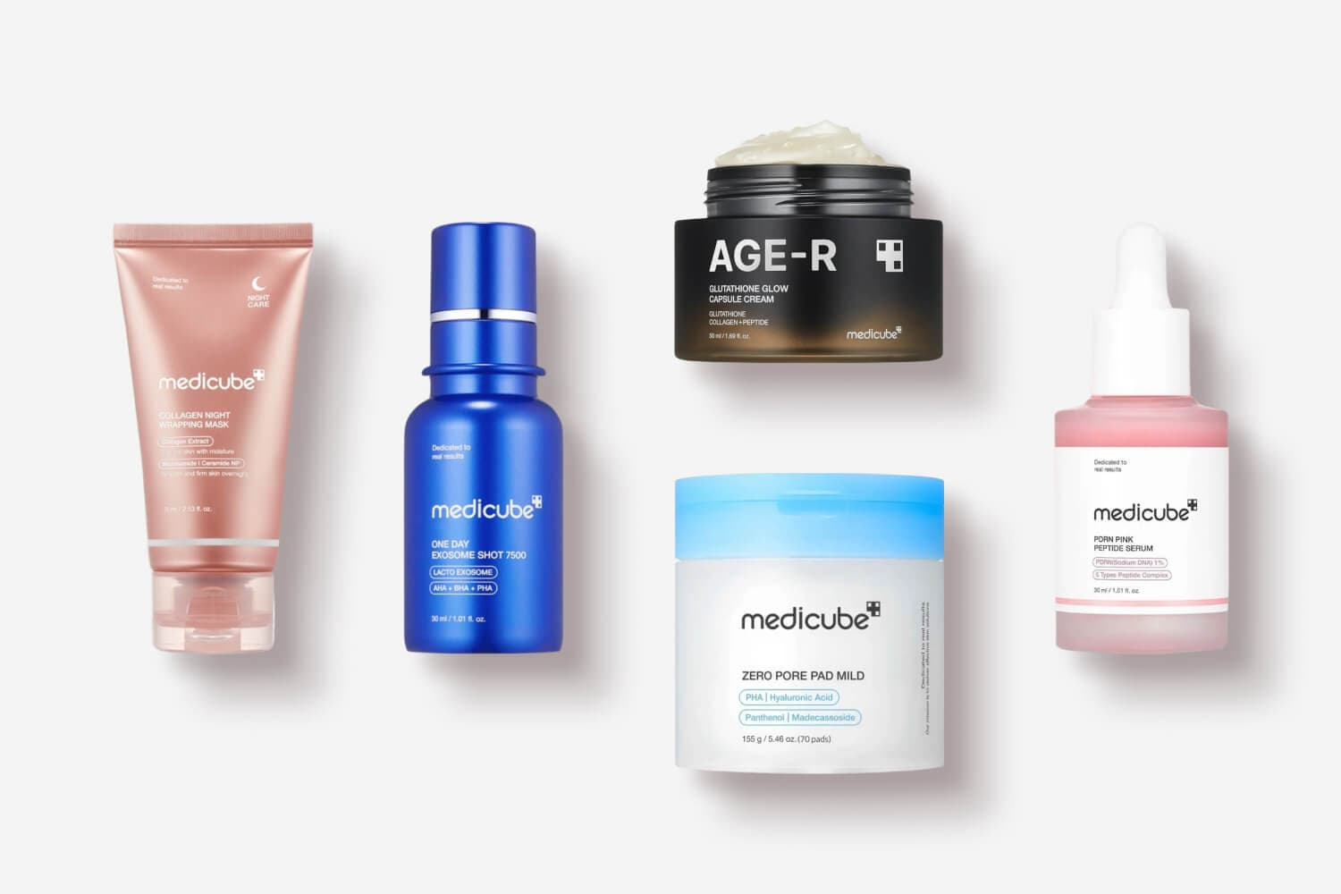 Medicube Collagen Night Wrapping Mask, One Day Exosome Shot 7500, AGE-R Glutathione Glow Capsule Cream, Zero Pore Pad Mild and PDRN Pink Peptide Serum. Medicube Collagen Night Wrapping Mask, One Day Exosome Shot 7500, AGE-R Glutathione Glow Capsule Cream, Zero Pore Pad Mild and PDRN Pink Peptide Serum.