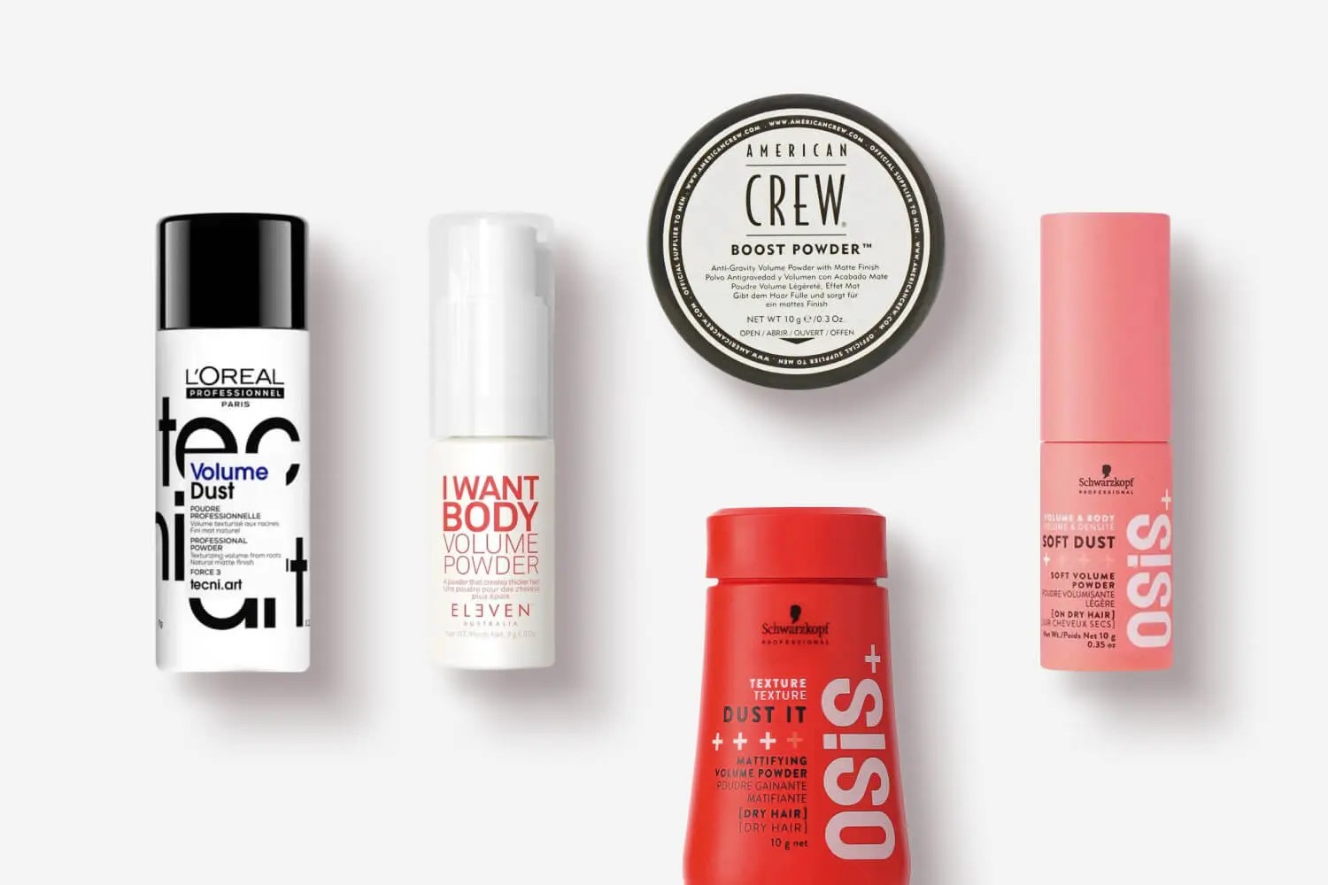 L'Oréal Professionnel Tecni.Art Volume Dust, Eleven Australia I Want Body, American Crew Boost Powder and Schwarzkopf OSiS+ Dust It and Soft Dust on grey L'Oréal Professionnel Tecni.Art Volume Dust, Eleven Australia I Want Body, American Crew Boost Powder and Schwarzkopf OSiS+ Dust It and Soft Dust on grey
