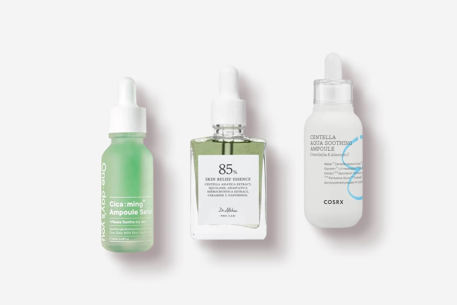 One-day's you Cica:ming Ampoule Serum, Dr. Althea 85% Skin Relief Essence and COSRX Centella Aqua Soothing Ampoule side by side One-day's you Cica:ming Ampoule Serum, Dr. Althea 85% Skin Relief Essence and COSRX Centella Aqua Soothing Ampoule side by side