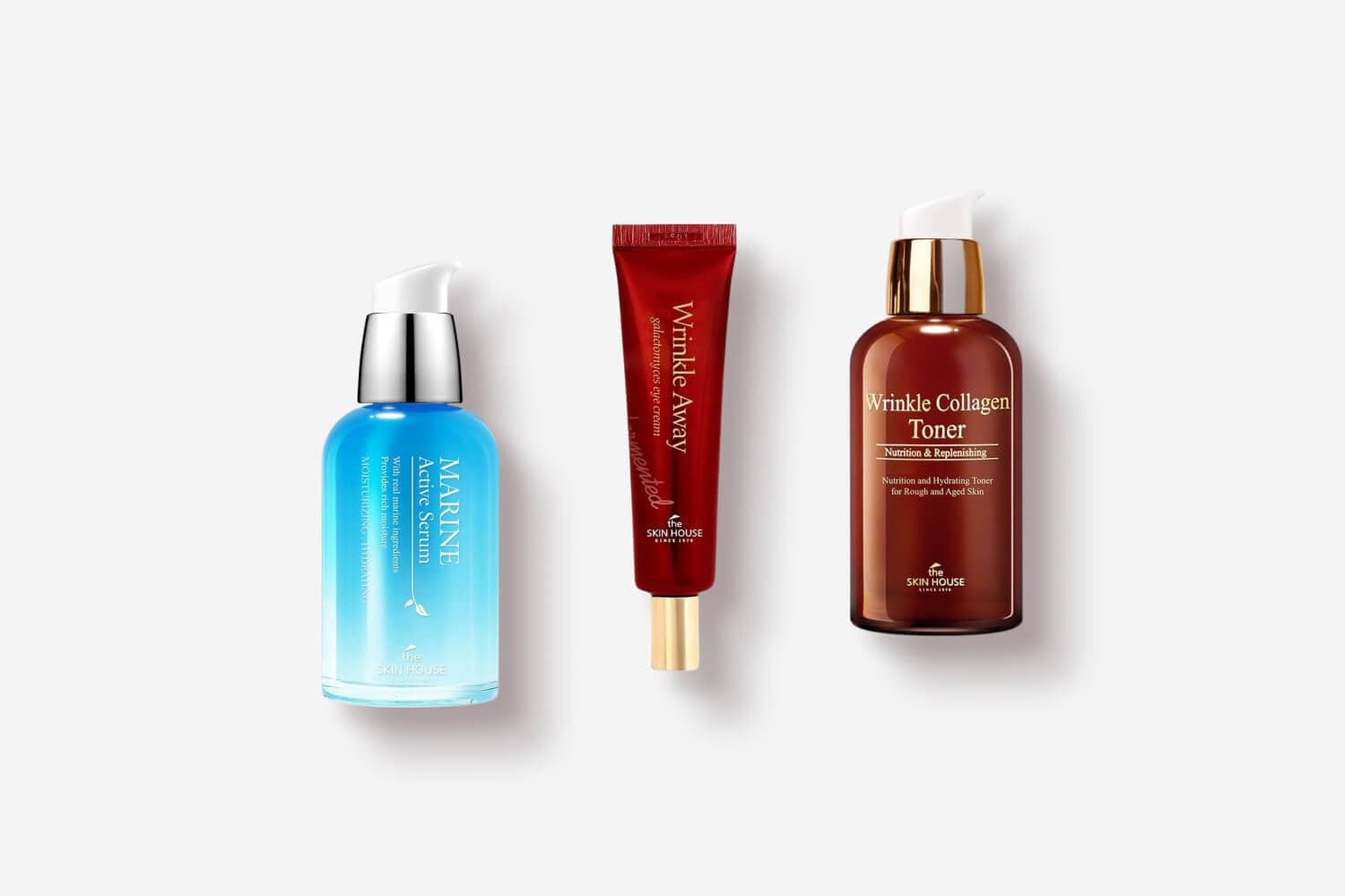 The Skin House Marine Active Serum, Wrinkle Away galactomyces eye cream and Wrinkle Collagen Toner on a grey background. The Skin House Marine Active Serum, Wrinkle Away galactomyces eye cream and Wrinkle Collagen Toner on a grey background.