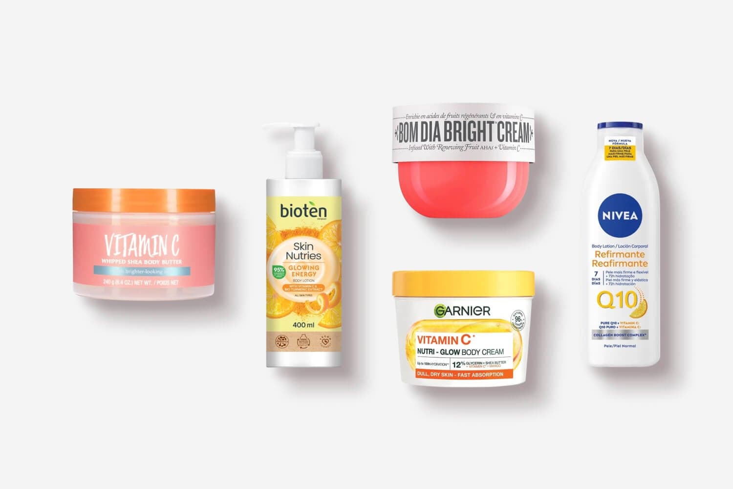 Vitamin C Whipped Shea Body Butter, Bioten Skin Nutries Glowing Energy, Sol de Janeiro Bom Dia Bright Cream, Garnier Nutri-Glow and Nivea Q10 Refirmante Vitamin C Whipped Shea Body Butter, Bioten Skin Nutries Glowing Energy, Sol de Janeiro Bom Dia Bright Cream, Garnier Nutri-Glow and Nivea Q10 Refirmante