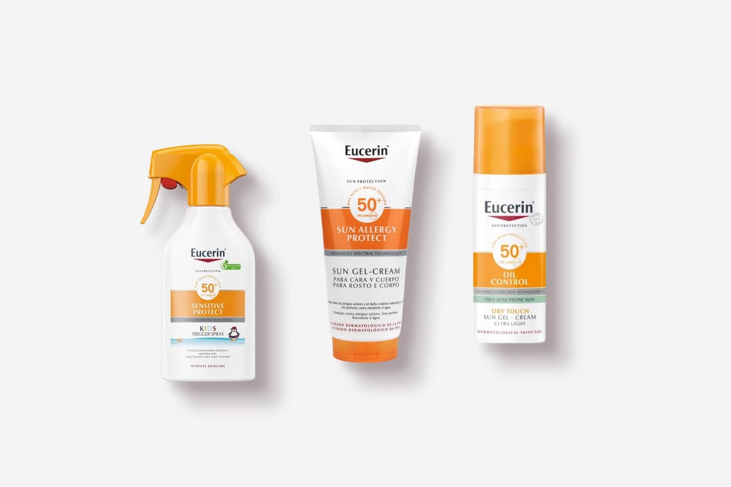 Eucerin Sun SPF 50+ trio: Sensitive Protect Kids Trigger Spray, Sun Allergy Protect Gel-Cream and Oil Control Dry Touch.