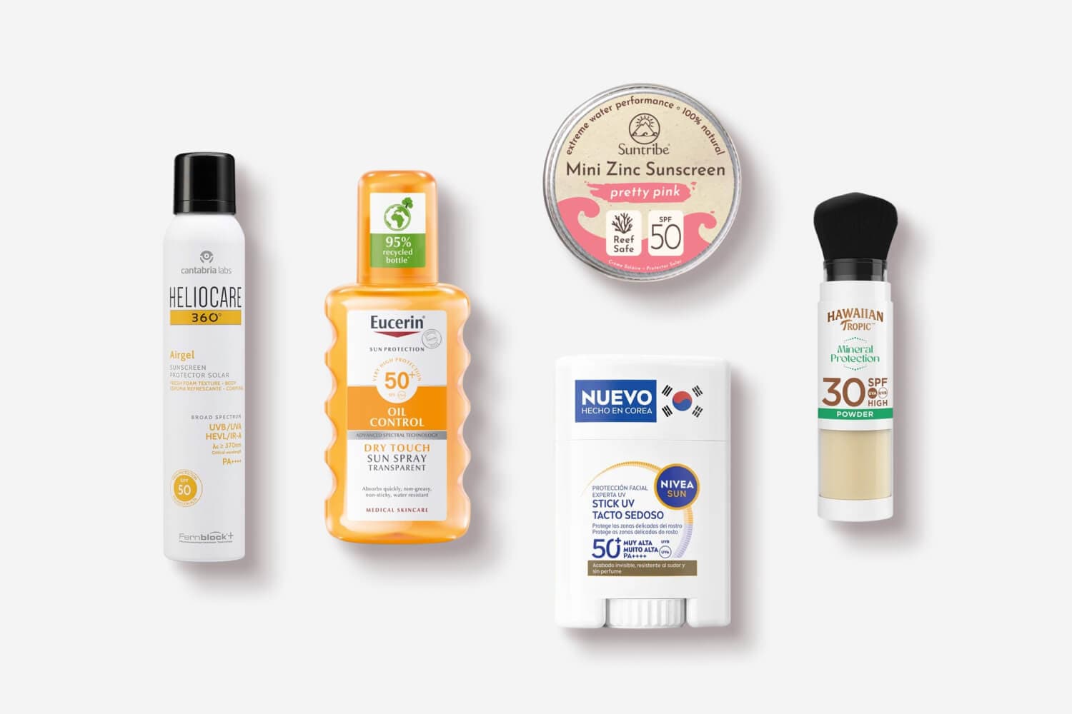 Heliocare 360 Airgel SPF50, Eucerin Oil Control Dry Touch spray SPF50+, Suntribe Mini Zinc SPF50, Nivea Sun stick SPF50+ and Hawaiian Tropic SPF30 powder brush. Heliocare 360 Airgel SPF50, Eucerin Oil Control Dry Touch spray SPF50+, Suntribe Mini Zinc SPF50, Nivea Sun stick SPF50+ and Hawaiian Tropic SPF30 powder brush.