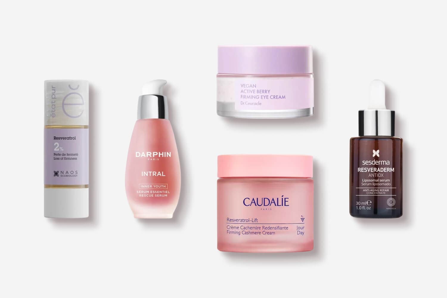 Ètat Pur Resveratrol 2%, Darphin Intral Rescue Serum, Dr.Ceuracle Vegan Active Berry Eye Cream, Caudalie Resveratrol-Lift and Sesderma Resveraderm Antiox Ètat Pur Resveratrol 2%, Darphin Intral Rescue Serum, Dr.Ceuracle Vegan Active Berry Eye Cream, Caudalie Resveratrol-Lift and Sesderma Resveraderm Antiox
