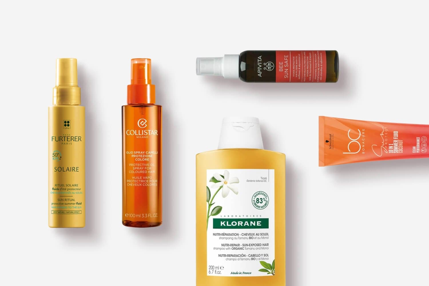 René Furterer Solaire KPF 50+ fluid, Collistar protective oil spray, Apivita Bee Sun Safe, Klorane Tamanu shampoo and Schwarzkopf BC Sun Protect fluid René Furterer Solaire KPF 50+ fluid, Collistar protective oil spray, Apivita Bee Sun Safe, Klorane Tamanu shampoo and Schwarzkopf BC Sun Protect fluid