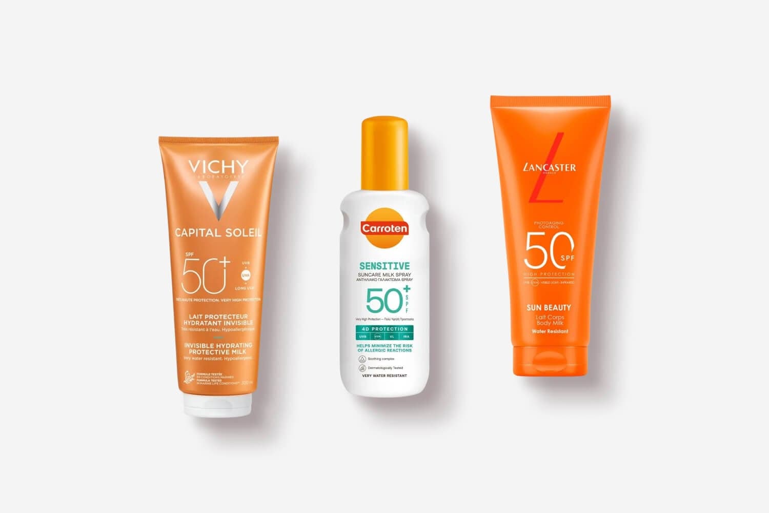Vichy Capital Soleil Invisible Hydrating Protective Milk SPF50+, Carroten Sensitive Suncare Milk Spray SPF50+ and Lancaster Sun Beauty Body Milk SPF50. Vichy Capital Soleil Invisible Hydrating Protective Milk SPF50+, Carroten Sensitive Suncare Milk Spray SPF50+ and Lancaster Sun Beauty Body Milk SPF50.
