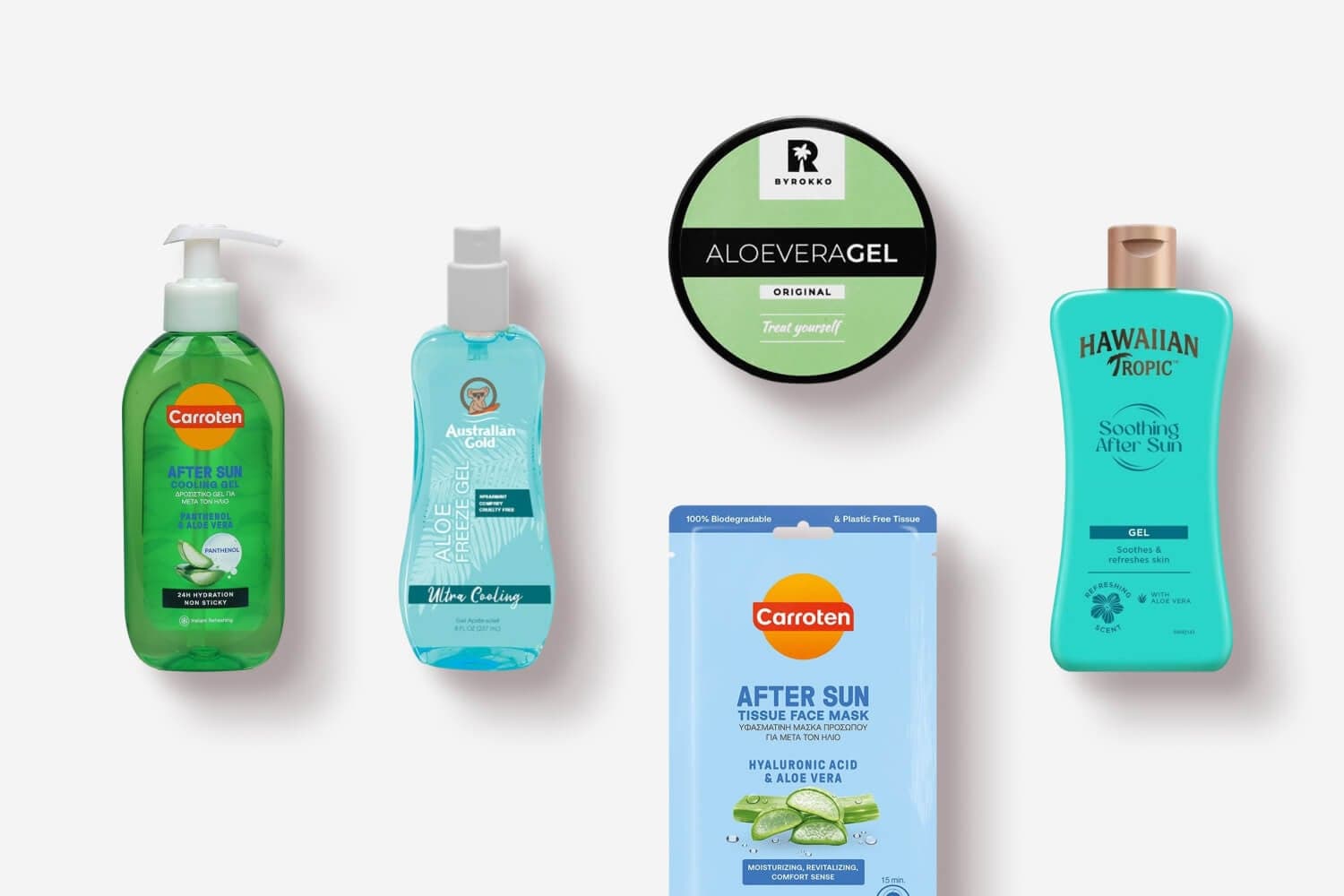 Carroten After Sun Cooling Gel, Australian Gold Aloe Freeze Gel, Byrokko Aloe Vera Gel, Carroten After Sun Tissue Face Mask, Hawaiian Tropic Soothing After Sun